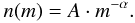 Mathematical equation: \begin{equation} n(m) = A \cdot m^{-\alpha}. \label{eq:distri:massdistribution} \end{equation}