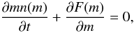 Mathematical equation: \begin{equation} \frac{\partial m n(m)}{\partial t} + \frac{\partial F(m)}{\partial m} = 0, \label{eq:distri:massconservation} \end{equation}