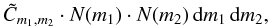 Mathematical equation: \begin{equation} \tilde{C}_{m_1,m_2}\cdot N(m_1)\cdot N(m_2) \,\dx{m_1}\, \dx{m_2}, \label{eq:distri:collsions2} \end{equation}