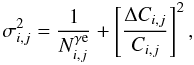 Mathematical equation: \appendix \setcounter{section}{2} \begin{equation} \sigma_{i,j}^2=\frac{1}{N_{i,j}^{\gamma {\rm e}}}+\left[\frac{\Delta C_{i,j}}{C_{i,j}}\right]^2, \end{equation}