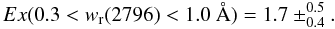 Mathematical equation: \begin{equation} Ex(0.3 < w_{\rm r}(2796) < 1.0~\AA) = 1.7 \pm^{0.5}_{0.4}. \end{equation}