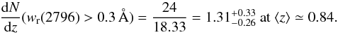 Mathematical equation: \begin{equation} \frac{{\rm d}N}{{\rm d}z} (w_{\rm r}(2796)>0.3\,\AA)=\frac{24}{18.33}=1.31 ^{+0.33}_{-0.26} \mbox{~at~} \langle z \rangle\simeq0.84. \end{equation}