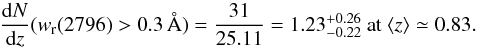 Mathematical equation: \begin{equation} \frac{{\rm d}N}{{\rm d}z} (w_{\rm r}(2796)>0.3\,\AA)=\frac{31}{25.11}=1.23 ^{+0.26}_{-0.22} \mbox{~at~} \langle z \rangle\simeq0.83. \end{equation}