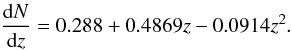 Mathematical equation: \begin{equation} \frac{{\rm d}N}{{\rm d}z} = 0.288 + 0.4869 z - 0.0914 z^2. \end{equation}