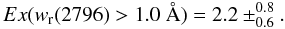 Mathematical equation: \begin{equation} Ex(w_{\rm r}(2796) > 1.0~\AA) = 2.2 \pm^{0.8}_{0.6}. \end{equation}