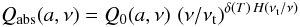 Mathematical equation: \appendix \setcounter{section}{2} \begin{equation} Q_{\rm abs}(a,\nu) = Q_0(a,\nu)\,\left({\nu/\nu_{\rm t}}\right)^{\delta(T)\,H(\nu_{\rm t}/\nu)} \end{equation}