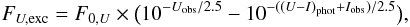 Mathematical equation: \begin{equation} F_{U,{\rm exc}} = F_{0,U} \times \big(10^{-U_{\rm obs}/2.5}-10^{-{((U-I)}_{\rm phot}+I_{\rm obs})/2.5}\big) , \label{Fuexc} \end{equation}