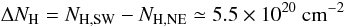 Mathematical equation: \begin{equation} \Delta N_{\rm H}=N_{{\rm H, SW}}-N_{{\rm H},\rm NE}\simeq 5.5\times 10^{20}\mbox{ cm}^{-2} \end{equation}
