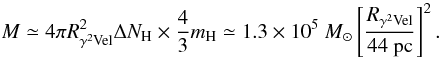 Mathematical equation: \begin{equation} \label{mass} M\simeq 4 \pi R_{\g2vel}^2 \Delta N_{\rm H}\times \frac{4}{3}m_{\rm H}\simeq 1.3\times10^{5}~ M_{\odot} \left[\frac{R_{\g2vel}}{44~{\rm pc}}\right]^{2}. \end{equation}