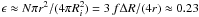 Mathematical equation: \hbox{$\epsilon \approx N \pi r^2/(4 \pi R_i^2) = 3\, f \Delta R/(4r) \approx 0.23$}