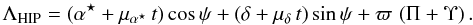 \begin{equation} \label{eq:upsilon} \Lambda_{\rm HIP} = ( \alpha^{\star} + \mu_{\alpha^\star} \, t ) \cos \psi + (\delta + \mu_\delta \, t) \sin \psi + \varpi \, \left(\Pi + \Upsilon \right). \end{equation}