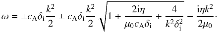 Mathematical equation: $$ \omega=\pm \ca\di\frac{k^2}{2}\pm\ca\di \frac{k^2}{2}\sqrt{1+\frac{2\rm i\eta}{\muo\ca\di}+\frac{4}{k^2\di^2}}-\frac{{\rm i}\eta k^2}{2\muo}\cdot $$