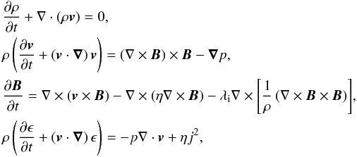 Mathematical equation: \begin{eqnarray*} &&\frac{\partial \rho}{\partial t}+\dive{\left(\rho{\vec{v}} \right) }=0, \\ &&\rho\left( \frac{\partial {\vec{v}}}{\partial t}+\left( {\vec{v}}\cdot\boldnabla\right){\vec{v}} \right)= \left(\curl{\vec{B}}\right)\times{\vec{B}}-\grad{p}, \\ &&\frac{\partial {\vec{B}}}{\partial t}=\curl{\left( {\vec{v}}\times{\vec{B}}\right) }-\curl{\left(\eta\curl{\vec{B}} \right) } -\lambda_{\rm i}\curl{\left[\frac{1}{\rho}\left(\curl{\vec{B}}\times{\vec{B}} \right) \right] }, \\ &&\rho\left( \frac{\partial\epsilon}{\partial t}+\left( {\vec{v}}\cdot{\boldnabla}\right)\epsilon\right) =-p\dive{\vec{v}}+\eta j^2, \end{eqnarray*}