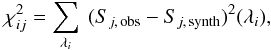 Mathematical equation: \begin{equation} \chi^2_{ij} = \sum_{\lambda_i}~(S_{j,\,\rm obs} - S_{j,\,\rm synth})^2(\lambda_i) , \end{equation}