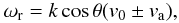 Mathematical equation: \begin{eqnarray} \omega_{\rm r} = k \cos \theta (v_0 \pm v_{\rm a}), \label{fi} \end{eqnarray}