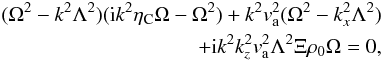 Mathematical equation: \begin{eqnarray} (\Omega^{2} -k^{2} \Lambda^{2}) ({\rm i}k^{2} \eta_{\rm C} \Omega-\Omega^{2})+k^{2} v_{\rm a}^{2}(\Omega^{2} -k_{x}^{2} \Lambda^{2} ) \nonumber \\ +{\rm i} k^{2} k_{z}^{2}v_{\rm a}^{2} \Lambda^{2} \Xi \rho_{0} \Omega= 0, \label{disp_mag} \end{eqnarray}