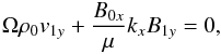 Mathematical equation: \begin{equation} \Omega\rho_0v_{1y}+\frac{B_{0x}}{\mu}k_{x}B_{1y}=0,\label{mom_y} \end{equation}