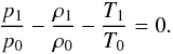 Mathematical equation: \begin{equation} \frac{p_1}{p_0}-\frac{\rho_1}{\rho_0}-\frac{T_1}{T_0}=0.\label{stat} \end{equation}