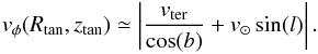Mathematical equation: \begin{equation} \label{vtp} v_{\phi}(R_{\rm tan}, z_{\rm tan}) \simeq \left|\frac{v_{\rm ter}}{\cos(b)} + v_{\odot} \sin(l)\right| . \end{equation}