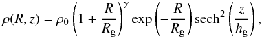 Mathematical equation: \begin{equation} \label{halo891} \rho(R,z) = \rho_0 \left(1+\frac{R}{R_{\rm g}}\right)^{\gamma}\exp\left(-\frac{R}{R_{\rm g}}\right){\rm{sech}}^2\left(\frac{z}{h_{\rm g}} \right) , \end{equation}