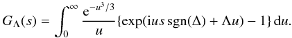 Mathematical equation: \begin{equation} G_\Lambda(s) = \int^\infty_0\frac{{\rm e}^{-u^3/3}}u \{\exp({\rm i}us\,\mathrm{sgn}(\Delta) + \Lambda u) - 1\}\,{\rm d}u. \label{eq:3.2.16} \end{equation}