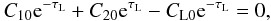 Mathematical equation: \begin{equation} C_{10}{\rm e}^{-\tau_{\rm L}} + C_{20}{\rm e}^{\tau_{\rm L}} - C_{\rm L0}{\rm e}^{-\tau_{\rm L}} = 0, \label{eq:3.4.8} \end{equation}