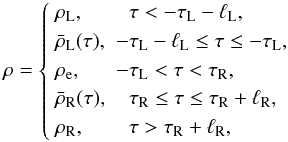 Mathematical equation: \begin{equation} \rho = \left\{\begin{array}{ll} \rho_{\rm L}, & \hphantom{-}\tau < -\tau_{\rm L} - \ell_{\rm L} , \vspace*{1mm}\\ \bar{\rho}_{\rm L}(\tau), & -\tau_{\rm L} - \ell_{\rm L} \leq \tau \leq -\tau_{\rm L} , \vspace*{1mm}\\ \rho_{\rm e}, & -\tau_{\rm L} < \tau < \tau_{\rm R} , \vspace*{1mm}\\ \bar{\rho}_{\rm R}(\tau), & \hphantom{-}\tau_{\rm R} \leq \tau \leq \tau_{\rm R} + \ell_{\rm R} , \vspace*{1mm}\\ \rho_{\rm R}, & \hphantom{-}\tau > \tau_{\rm R} + \ell_{\rm R} , \end{array}\right. \label{eq:2.3} \end{equation}