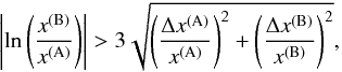 Mathematical equation: \begin{equation} \left|\ln{\left(\frac{x^{\mathrm{(B)}}}{x^{\mathrm{(A)}}}\right)}\right| > 3\sqrt{\left(\frac{\Delta x^{\mathrm{(A)}}}{x^{\mathrm{(A)}}}\right)^{2} + \left(\frac{\Delta x^{\mathrm{(B)}}}{x^{\mathrm{(B)}}}\right)^{2}}, \end{equation}
