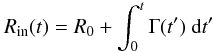 Mathematical equation: \begin{equation} \label{wiener_r} R_{\mathrm{in}}(t)=R_0 + \int_{0}^{t}\Gamma(t')\ {\rm d} t' \end{equation}