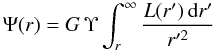 Mathematical equation: \begin{equation} \Psi(r) = G\,\Upsilon \int_r^\infty \frac{L(r')\,{{\rm d}}r'}{r'^2} \end{equation}
