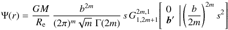 Mathematical equation: % subequation 2289 0 \begin{equation} \Psi(r) = \frac{GM}{R_{\rm e}}\, \frac{b^{2m}}{(2\pi)^m\sqrt{m}\,\,\Gamma(2m)}\, s \, G^{2m,1}_{1,2m+1} \!\left[\left. \begin{array}{l} 0 \\ {{\vec b}}' \end{array} \,\right|\left(\frac{b}{2m}\right)^{2m} s^2 \right] \end{equation}