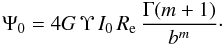 Mathematical equation: \begin{equation} \Psi_0 = 4G\,\Upsilon\,I_0\,R_{\rm e}\,\frac{\Gamma(m+1)}{b^m}\cdot \label{Psi0} \end{equation}