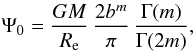 Mathematical equation: \begin{equation} \Psi_0 = \frac{GM}{R_{\rm e}}\, \frac{2b^{m}}{\pi}\, \frac{\Gamma(m)}{\Gamma(2m)}, \end{equation}