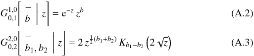 Mathematical equation: \appendix \setcounter{section}{1} \begin{eqnarray} &&G^{1,0}_{0,1}\!\left[\left. \begin{array}{l}-\\b\end{array} \,\right|\,z\right] = {\rm e}^{-z}\,z^b \label{G1001} \\ && G^{2,0}_{0,2}\!\left[\left. \begin{array}{l}-\\b_1,b_2\end{array}\,\right|\,z\right] = 2\,z^{\frac12(b_1+b_2)}\,K_{b_1-b_2}\left(2\sqrt{z}\right) \label{G2002} \end{eqnarray}