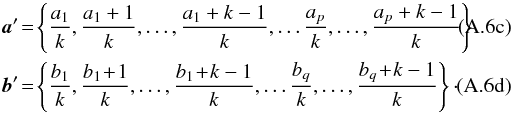 Mathematical equation: \appendix \setcounter{section}{1} % subequation 2754 2 \begin{eqnarray} &&{\vec {a}}' \!=\! \left\{ \frac{a_1}{k}, \frac{a_1+1}{k},\ldots,\frac{a_1+k-1}{k}, \ldots \frac{a_p}{k}, \ldots,\frac{a_p+k-1}{k} \right\} \\ && {\vec {b}}' \!=\! \left\{ \frac{b_1}{k}, \frac{b_1\!+\!1}{k},\ldots,\frac{b_1\!+\!k-1}{k}, \ldots \frac{b_q}{k},\ldots,\frac{b_q\!+\!k-1}{k} \right\}\cdot \end{eqnarray}