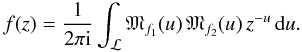Mathematical equation: \begin{equation} f(z) = \frac{1}{2\pi {\rm i}} \int_{\mathcal{L}} {\mathfrak{M}}_{f_1}(u)\,{\mathfrak{M}}_{f_2}(u)\, z^{-u}\,{{\rm d}}u. \label{MellinBarnes} \end{equation}