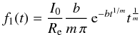 Mathematical equation: \begin{equation} f_1(t) = \frac{I_0}{R_{\rm e}} \frac{b}{m\,\pi}\, {\rm e}^{-bt^{1/m}} t^{\frac{1}{m}} \end{equation}
