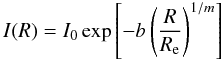 Mathematical equation: \begin{equation} I(R) = I_0 \exp \left[-b\left(\frac{R}{R_{{\rm e}}}\right)^{1/m}\right] \label{SersicI} \end{equation}