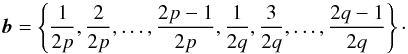 Mathematical equation: % subequation 1283 2 \begin{equation} {{\vec b}} = \left\{ \frac{1}{2p},\frac{2}{2p},\ldots,\frac{2p-1}{2p}, \frac{1}{2q},\frac{3}{2q},\ldots,\frac{2q-1}{2q} \right\}\cdot \end{equation}