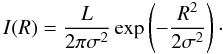 Mathematical equation: \begin{equation} I(R) = \frac{L}{2\pi\sigma^2} \exp\left(-\frac{R^2}{2\sigma^2}\right)\cdot \label{Igauss} \end{equation}