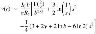 Mathematical equation: % subequation 1805 1 \begin{eqnarray} \nu(r) &\sim& \frac{I_0\,b}{\pi R_{\rm e}} \Bigg[ \frac{\Gamma(\frac23)}{b^{2/3}} + \frac{3}{2}\ln\!\left(\frac{1}{s}\right)s^2 \nonumber\\ \label{nuasymp13}&&- \frac14\,(3+2\gamma+2\ln b-6\ln 2)\,s^2 \Bigg] \end{eqnarray}