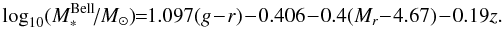 Mathematical equation: \begin{equation} \log_{10}(M_{*}^{\rm Bell}\!/M_\odot)\!\!=\!\!1.097(g\!-\!r)\!-\!0.406\!-\!0.4(M_r\!-\!4.67)\!-\!0.19z. \end{equation}