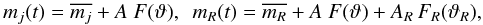 Mathematical equation: \appendix \setcounter{section}{1} \begin{equation} m_j(t)=\overline{m_j}+A\ F(\vartheta),\ \ m_R(t)=\overline{m_R}+A\ F(\vartheta)+A_R\,F_R(\vartheta_R),\ \label{eq:mags} \end{equation}