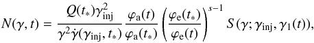 Mathematical equation: \begin{equation} N(\gamma,t)=\frac{Q(t_*)\gamma_{\rm inj}^2}{\gamma^2\dot{\gamma}(\gamma_{\rm inj},t_*)}\frac{\varphi_{\rm a}(t)}{\varphi_{\rm a}(t_*)}\left(\frac{\varphi_{\rm e}(t_*)}{\varphi_{\rm e}(t)}\right)^{s-1}S(\gamma;\gamma_{\rm inj},\gamma_1(t)), \label{eq:distaz} \end{equation}