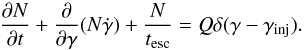 Mathematical equation: \begin{equation} \frac{\partial N}{\partial t}+\frac{\partial }{\partial \gamma}(N\dot{\gamma})+\frac{N}{t_{{\rm esc}}}=Q\delta(\gamma-\gamma_{\rm {inj}}). \label{eq:az} \end{equation}
