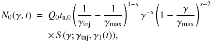 Mathematical equation: \begin{eqnarray} N_0(\gamma,t)&=&Q_0t_{\rm a,0}\left(\frac{1}{\gamma_{\rm inj}}-\frac{1}{\gamma_{\rm max}}\right)^{1-s}\gamma^{-s}\left(1-\frac{\gamma}{\gamma_{\rm max}}\right)^{s-2} \nonumber \\ \label{eq:EDF}&& \times \,S(\gamma;\gamma_{\rm inj},\gamma_1(t)), \end{eqnarray}