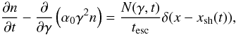 Mathematical equation: \begin{equation} \frac{\partial n}{\partial t}-\frac{\partial}{\partial \gamma}\left(\alpha_0\gamma^2n\right)=\frac{N(\gamma,t)}{t_{\rm esc}}\delta(x-x_{\rm sh}(t)), \label{eq:rz} \end{equation}