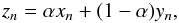 Mathematical equation: \begin{equation} z_n=\alpha x_n + (1-\alpha) y_n, \end{equation}