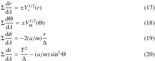 Mathematical equation: \begin{eqnarray} && \Sigma \frac {{\rm d}r}{{\rm d} \lambda} = \pm {V}^{1/2}_r(r) \\ && \Sigma \frac {{\rm d}\Theta}{{\rm d} \lambda} = \pm {V}^{1/2}_\Theta(\Theta) \\ && \Sigma \frac {{\rm d} \phi}{{\rm d} \lambda} = - 2 (a/m) \frac {r}{\Delta} \\ && \Sigma \frac{{\rm d}t} {{\rm d}\lambda} = \frac {T^2}{\Delta} - (a/m) \sin^2 \Theta \end{eqnarray}