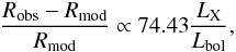Mathematical equation: \begin{equation} \frac{R_{\rm obs}-R_{\rm mod}}{R_{\rm mod}} \propto 74.43 \frac{L_{\rm X}}{L_{\rm bol}}, \end{equation}